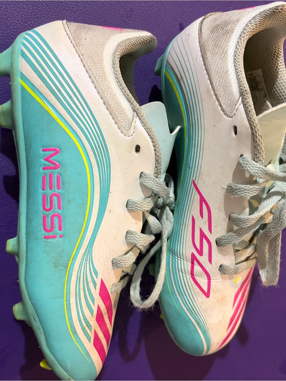 adidas Kids Turquoise, White & Pink Soccer Cleats - Messi